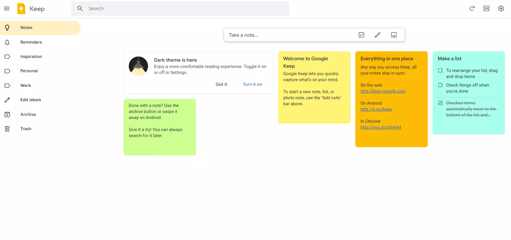 Google Keep template mock up example screenshot