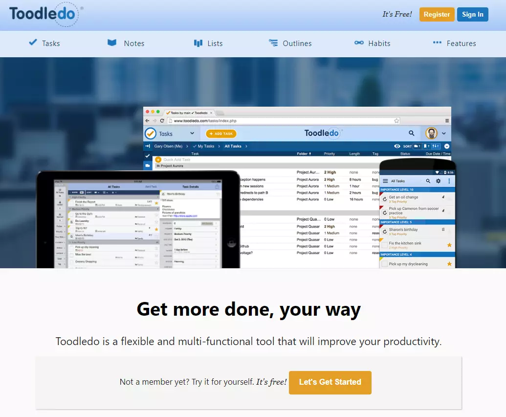 Toodledo template mock up example screenshot